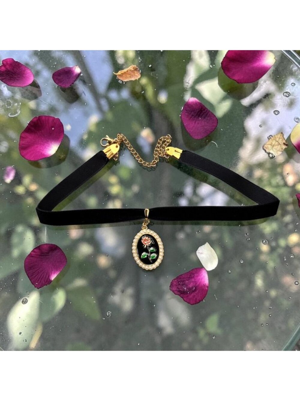 Black Velvet Choker Necklace Rose Pendant Gothic Choker Victorian Rose Necklace - Picture 2 of 2